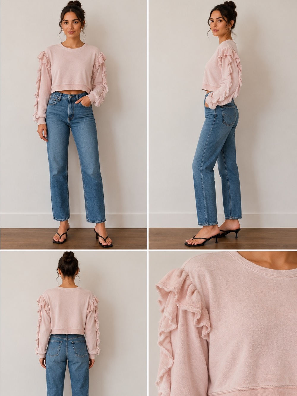 LoveShackFancy Pale Pink Ruffle-Detail Cropped Sweatshirt